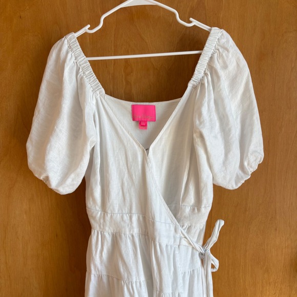 Lilly Pulitzer Dress Womens S White Linen Puff Sleeve Tiered Wrap Mini 013216 - Picture 2 of 11